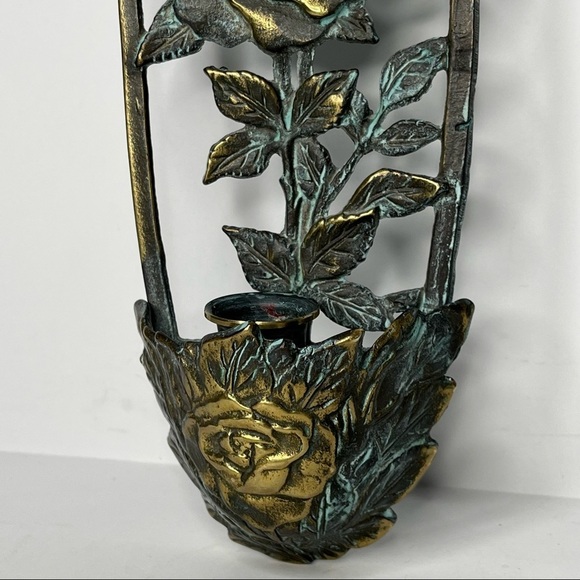 Antiqued Patina Brass 16.5” Tall Wall Sconce Candle Hanger‎ with Rose Embossed - Picture 3 of 11